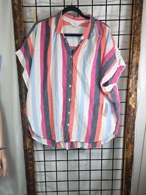 Time and Tru Striped Short-Sleeve Shirt in Coral, Pink, Blue & Black